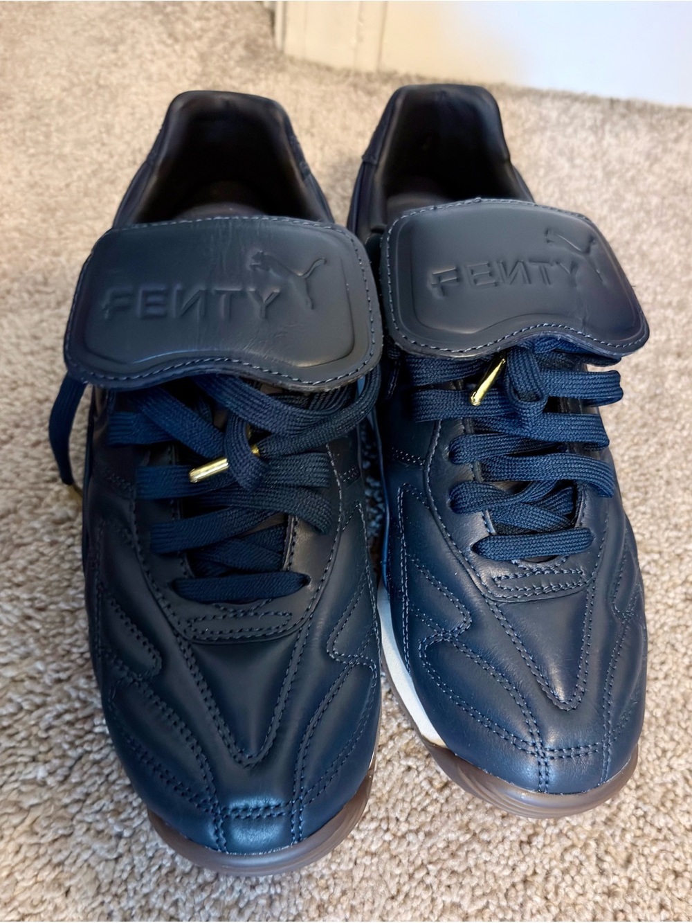 Fenty Beauty Navy Leather Sneakers with Gold Accents - Picture 2 of 6
